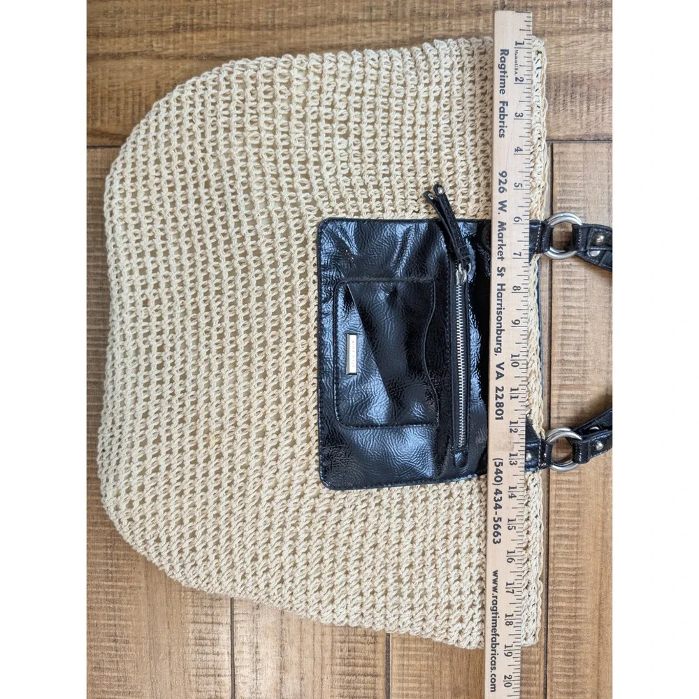 Nine West Open-Weave Crochet Straw Tote Bag w/Faux Patent Leather & Attached Bag